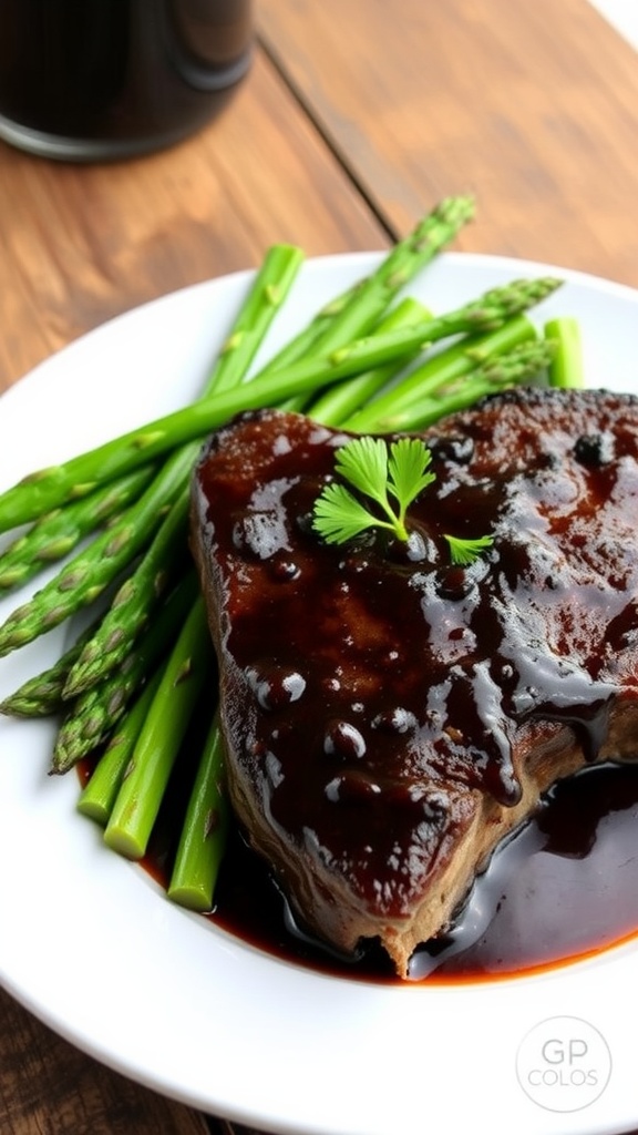 Balsamic glazed steak served with roasted asparagus on a rustic plate.